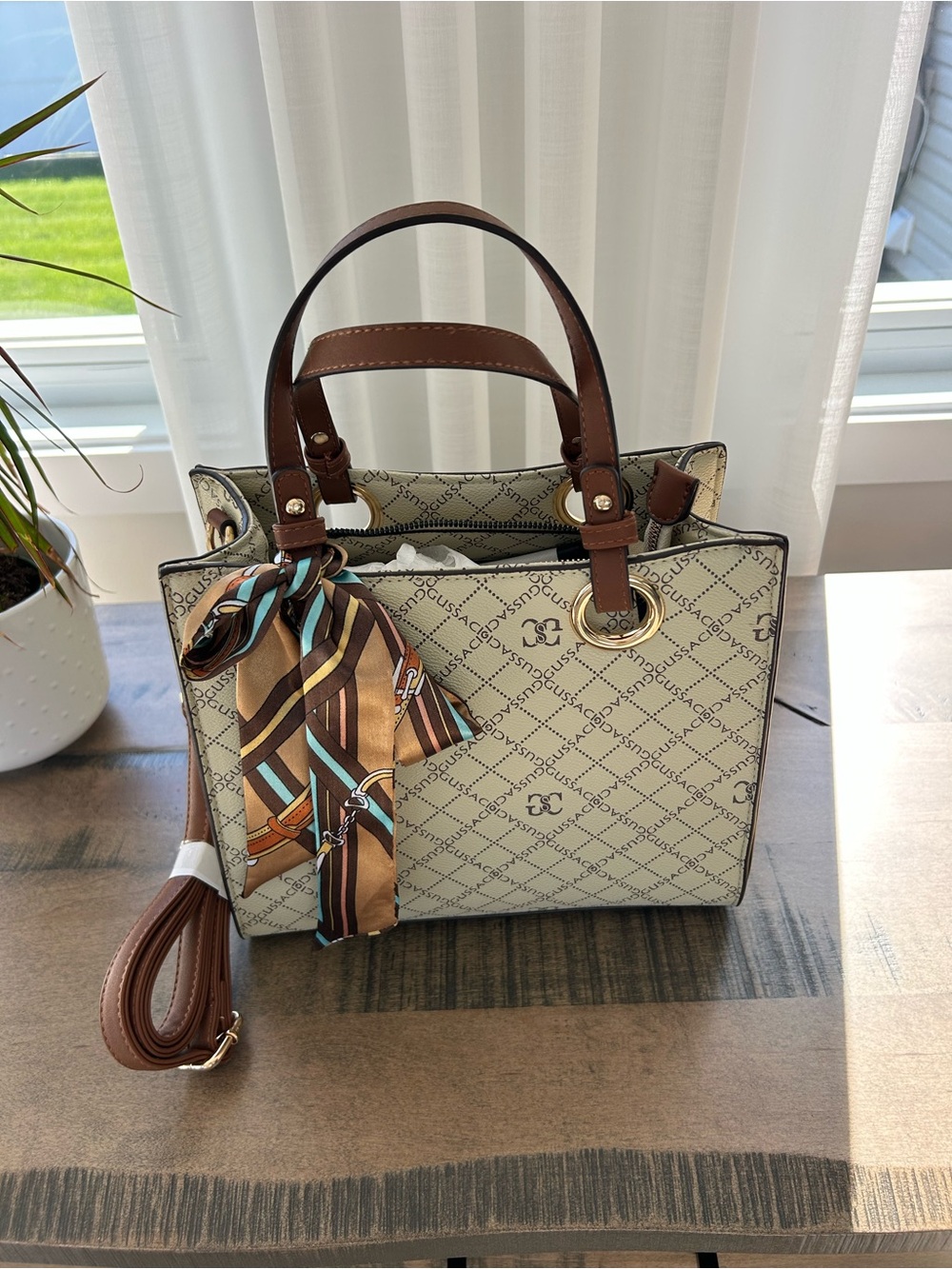 Gorgeous Cream & Brown Patterned Crossbody Satchel with Scarf Accent❤️